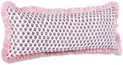 CPC Block Print Pink Sapphire Ruffle Cotton Lumbar Pillow Cover 14x36 inch