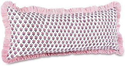 CPC Block Print Pink Sapphire Ruffle Cotton Lumbar Pillow Cover 14x36 inch