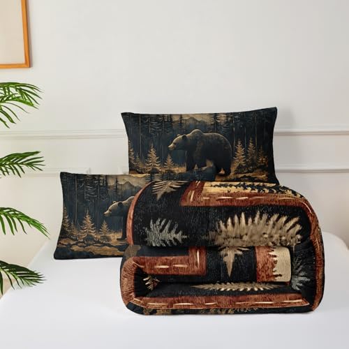 Black Bear Comforter Set Twin Size for Kids Boys,Rustic Comforter Set,Cabin Woodland Forest Animals Hunting Bedding Set,Soft Microfiber Wildlife Quilt Set
