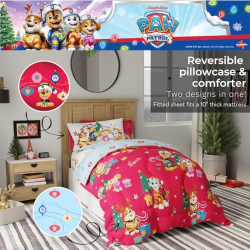 PAW Patrol Holiday & Christmas Kids Bedding Soft Comforter and Sheet Set with Sham, 5 Piece Twin Size, (Officially Licensed Product) By Franco