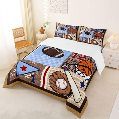 Football Baseball Basketball Comforter Set Queen,Brown Geometric Patchwork Bedding Set 3pcs for Kids Teens Boys Room Decor,Ball Sports Game Duvet Insert Colorful Quilted Duvet with 2 Pillowcases