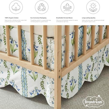 Brandream Scallop Edge Organic Crib Skirt Cotton Toddler Bedskirt Floral Stripes and Vines Baby Nursery Crib Bed Skirt Neutral Vintage Blue Floral Bouquet Farmhouse Chic Boho Bohemian Skirt
