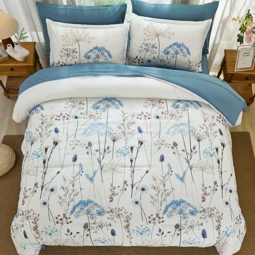 Yiran Queen Comforter Size Set, 7 Piece Blue Dandelion Floral Bed in a Bag