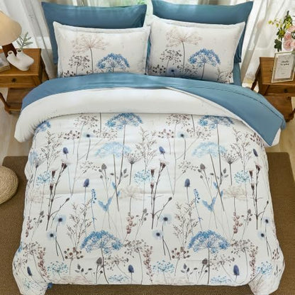 Yiran King Comforter Size Set, 7 Piece Blue Dandelion Floral Bed in a Bag