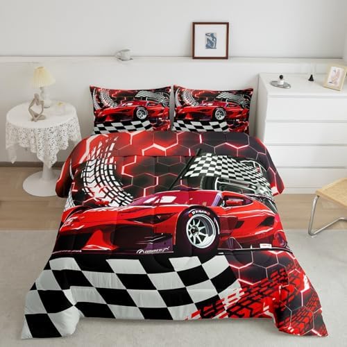 Toddler Race Car Bed for Boys,Red Neon Lights Honeycomb Twin Size Bedding Set Cool Sports Car Glitter Beehive Geometric Hexagon Comforter Set,Black White Grid Lattice Quilt Buffalo Plaid Decor