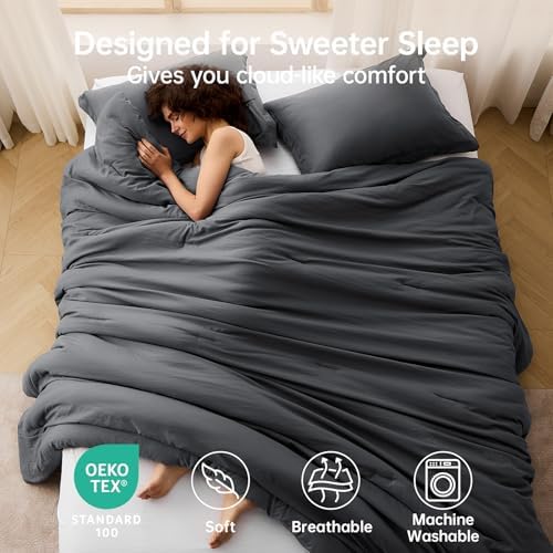 MUXHOMO Oversized Queen Comforter Sets, All Season Ultra Soft Down Alternative Bedding - 3 Piece Lightweight Bed Set Includes 1 Comforter (98"*98") and 2 Pillow Shams (20"x26"), Dark Grey