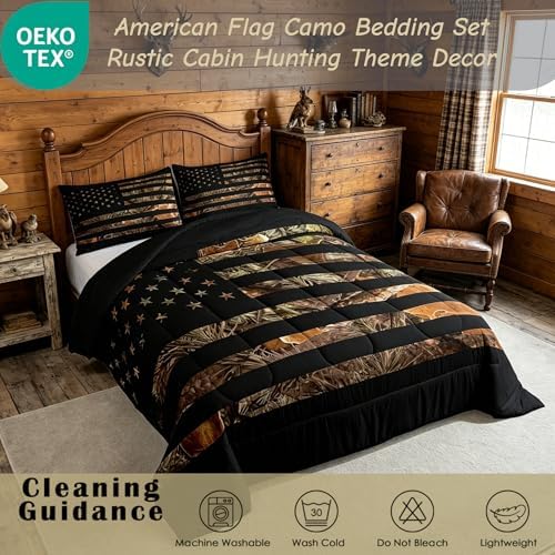American Flag Camo Bedding Set Rustic Tree Leaves Camouflage Comforter Set King,Military Hunting Down Comforter for Boys Teens Kids Man Bedroom Nature Conifer Oak Branches Bedding Quilt Set 3 Pcs