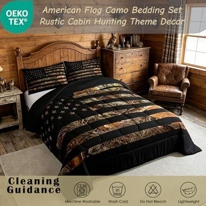 American Flag Camo Bedding Set Rustic Tree Leaves Camouflage Comforter Set King,Military Hunting Down Comforter for Boys Teens Kids Man Bedroom Nature Conifer Oak Branches Bedding Quilt Set 3 Pcs
