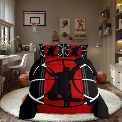 Basketball Comforter Set Queen for Boys Kids Sports Games Room Decor Red and Black Comforter Aldults Bedroom Basketball Court Bedding Set 1 Comforter with 2 Pillow Cases,Lightweight Warm Soft