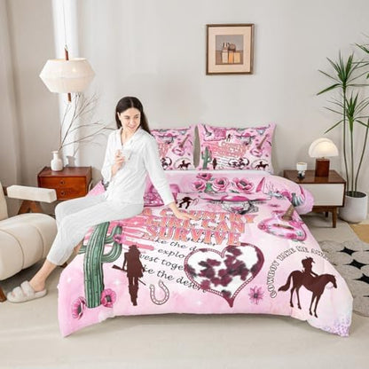 Western Cowboy Cowgirl Comforter Set King Size,Cactus Highland Cow Fur Floral Print Pink Bedding Set,Rustic Southwest Quilt Set for Kids Girls Boys Women Room Decor,Vintage Duvet Insert 3Pcs