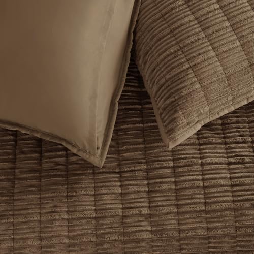 Wonderful Corduroy Texture Cocoa Brown Quilt Set Queen - Hypoallergenic Skin-Friendly Soft Plush Velvety Touch Bedspread, Classic Vertical Striped Lightweight Coverlet for All Season, 106"x94"