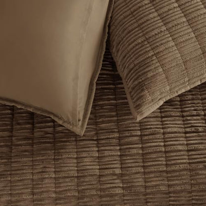 Wonderful Corduroy Texture Cocoa Brown Quilt Set Queen - Hypoallergenic Skin-Friendly Soft Plush Velvety Touch Bedspread, Classic Vertical Striped Lightweight Coverlet for All Season, 106"x94"