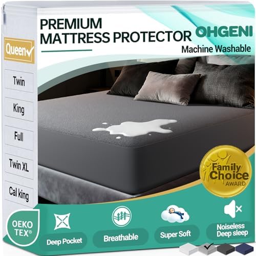 OhGeni Waterproof Mattress Protector, Queen Size Mattress Pad Fitted with Deep Pocket 6"-18", Breathable Noiseless & Soft, Washable Dirt-Proof Mattress Cover for Home, Hotel, Gray, Daybed Cover