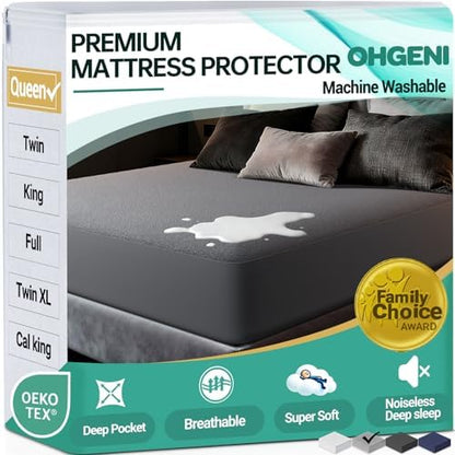 OhGeni Waterproof Mattress Protector, Queen Size Mattress Pad Fitted with Deep Pocket 6"-18", Breathable Noiseless & Soft, Washable Dirt-Proof Mattress Cover for Home, Hotel, Gray, Daybed Cover