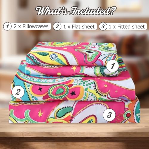 CozySmile Queen Size Printed Sheet Set Soft & Breathable Bedding Deep Pocket 16" Cooling Wrinkle Free Comforter Bed Set Botanical Pattern Sheets (Queen, Paisley Ethnic Style)