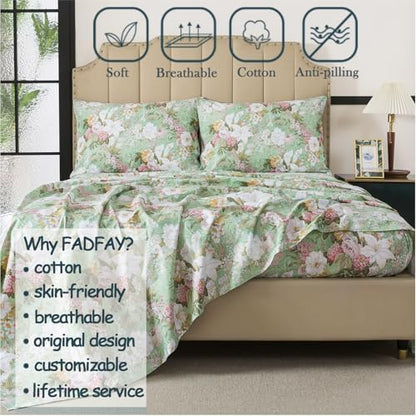 FADFAY Sheets Set King Floral Sheets 100% Cotton Elegant Farmhouse Bedding Mint Green Leaves and White Flower Printed Bed Sheet Soft Botanical Lily Pattern Deep Pocket Sheet 17.5'' 4 Pcs, King