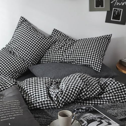 mixinni Black Gingham Comforter Set Full, Plaid Comforter Set 3 Pieces 1 Black Grid Comfoter with 2 Pillow Cases for All Seasons, Soft Fluffy Modern Grid Pattern Printed Bedding-Full Size