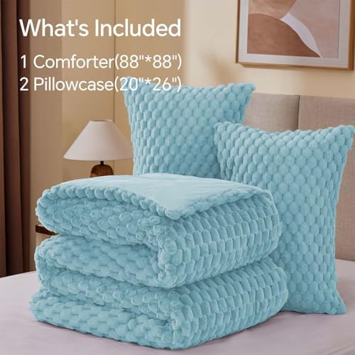 BEDELITE Fluffy Queen Comforter Set, Dusty Blue Fleece Bed Set 3 Pieces