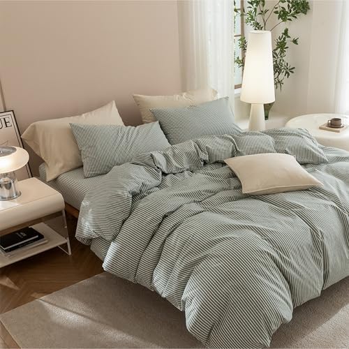 JIYUAN King Washed Cotton Duvet Cover Set, 3-Piece, Linen-Like Pinstripe