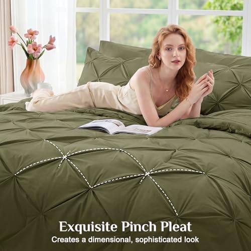 JOLLYVOGUE King Size Comforter Set 7 Pieces - Bed in a Bag King for All Season, Pintuck Bedding Comforter Sets with Comforter, Flat Sheet, Fitted Sheet and Pillowcases & Shams, Olive Green