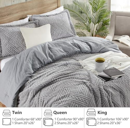 Homelike Moment Fleece King Comforter Set, Fluffy Bed Set 3 Piece Grey