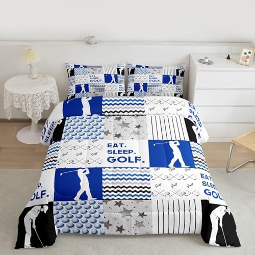 Erosebridal Golf Bedding Sets Queen Sports Themed Comforter Sets for Kids Teens Eat Sleep Golf Print Bedding Comforter Sets Blue White Black Grey Quilt Comforter Geometric Duvet Set Luxury Home Decor