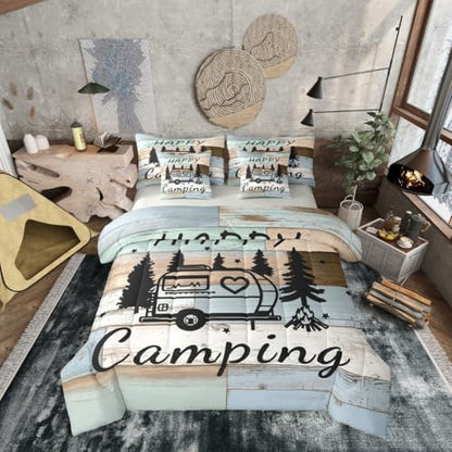 Erosebridal Camper Camping 7 Pieces Bedding Set Twin Size,Cartoon Travel RV Bed in a Bag,Happy Camping Bed Set Includes Comforter,Sheet Set,Pillowcases & Pillow Covers,Retro Wooden Plank Bedroom Decor