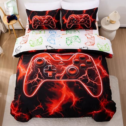 Meeting Story 5-Piece Boys Comforter Set Full Size Game Console Bedding Set for Kids Teen 3D Red Gamepad Gaming Bed in a Bag Matching Sheet Set(Red)