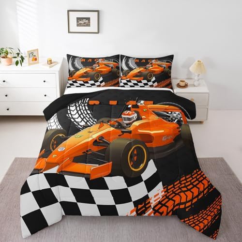 Go Kart Toddler Race Car Bed for Boys,Black and White Buffalo Checked Drift Kart Comforter Set Toddler Bedding Set,Square Grid Plaid Lattice Quilt,Orange Karting Extreme Sport Duvet Insert King