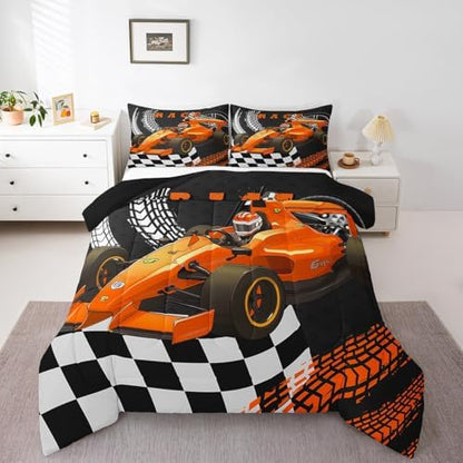 Go Kart Toddler Race Car Bed for Boys,Black and White Buffalo Checked Drift Kart Comforter Set Toddler Bedding Set,Square Grid Plaid Lattice Quilt,Orange Karting Extreme Sport Duvet Insert King