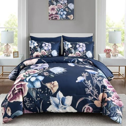 Luxudecor Floral Comforter Set King Size 7 Piece, Navy Flower Bed in a Bag, Elegant Comforter Bedding Set for All Season (Navy, 104"x90")