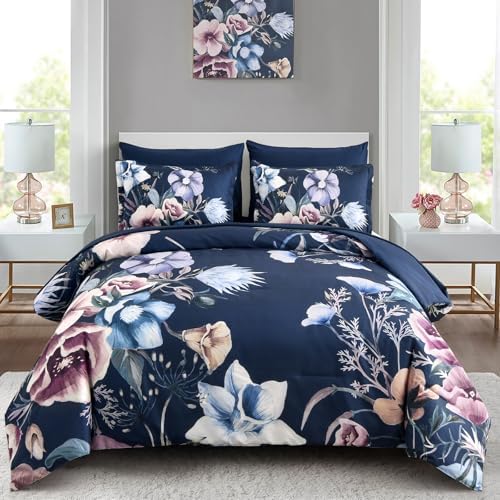 Luxudecor Floral Comforter Set Queen Size 7 Piece, Navy Flower Bed in a Bag, Elegant Floral Comforter with Sheet Set, Soft Microfiber Bedding Set for All Season (Navy, 90"x90")