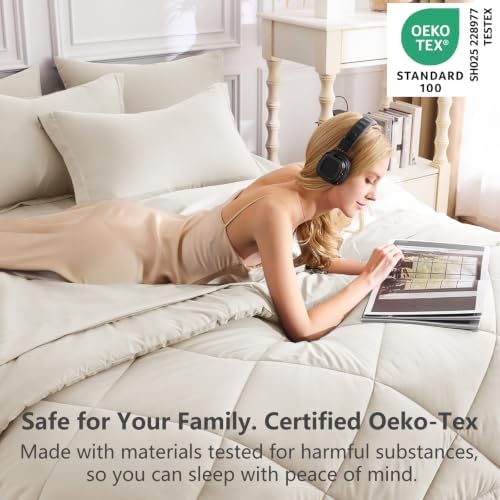 CozyLux Oversized Queen Comforter Set 98"x98", 7 Piece, Beige