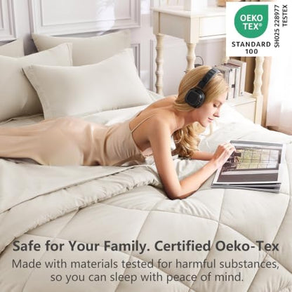 CozyLux Oversized Queen Comforter Set 98"x98", 7 Piece, Beige
