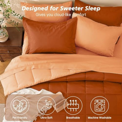 Queen Comforter Set with Sheets - 7 Pieces Bed in a Bag Orange Bedding Sets