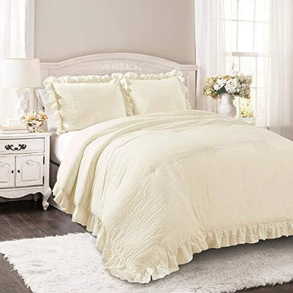 Lush Decor Reyna Ruffle Comforter Set - 3 Piece Cozy Ruffled Bedding Set - Timeless Elegance and Comfort for Dorm Room - Full/ Queen, White