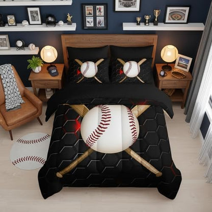 QOOMO Baseball 7 Pieces Comforter Set Twin Size,Honeycomb Bedding Set for Kids-Include 1 Comforter,1 Fitted Sheet,1 Flat Sheet,2 Printing Pillowcases and 2 Black Pillowcases