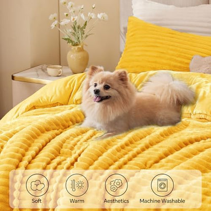 BEDELITE Fleece King Comforter Set, Fluffy Bed Set, Bright Yellow