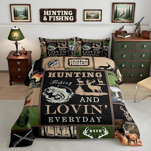 Big Pike Fish Bedding Set Deer Comforter Set for Kids Teens Boys Fish Hunt Duvet Set Antlers Fish Fishing Rod Comforter 1 Comforter Set with 2 Pillowcases King Size Boys