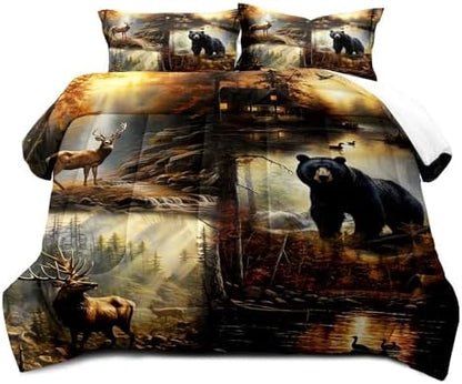 LUVIVIHOME 3PCS Black Bear Deer Comforter Set Full Size, Elk Moose Mallard Duck Woodland Forest Animal Wildlife Hunting Camo Hunter Country Lodge Rustic Farmhouse Cabin Bedding Sets, 2 Pillow Shams