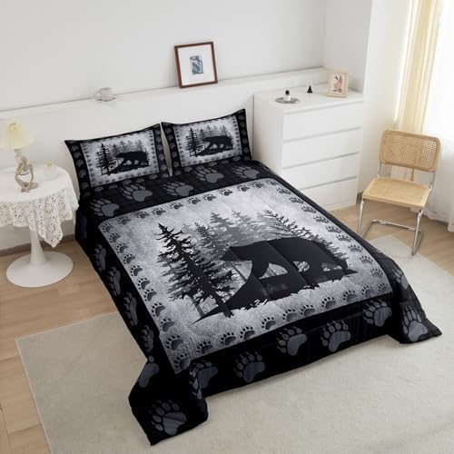 Castle Fairy Bear Print Full Size Kids Comforter Set,Wild Animal Bedding Comforters Pine Trees Retro Bedroom Collection,Rustic Farmhouse Grid Plaid Hunting Cabin Decor Bedding Set for Man Adult, Grey