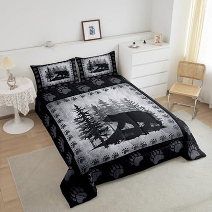 Castle Fairy Bear Print Full Size Kids Comforter Set,Wild Animal Bedding Comforters Pine Trees Retro Bedroom Collection,Rustic Farmhouse Grid Plaid Hunting Cabin Decor Bedding Set for Man Adult, Grey