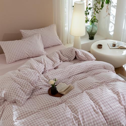 JIYUAN Queen Washed Cotton Duvet Cover Set, 3-Piece,Classic Gingham