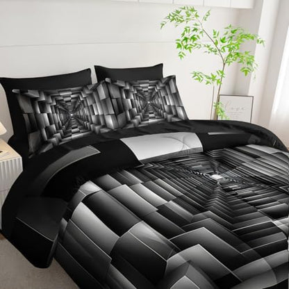 7 Piece Black and White Checkered Comforter Set Queen，Geometric Bedding Set Boys，Geometric Bedroom Decor，(1 Comforter, 1 Flat Sheet, 1 Fitted Sheet, 2 Pillowcase and 2 Pillow Sham)