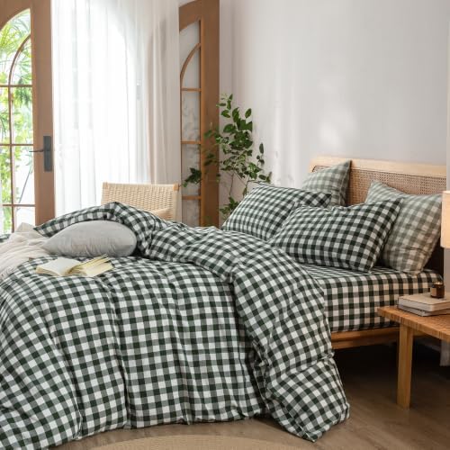 BESTOUCH Gingham Cotton Duvet Cover Set Green Twin