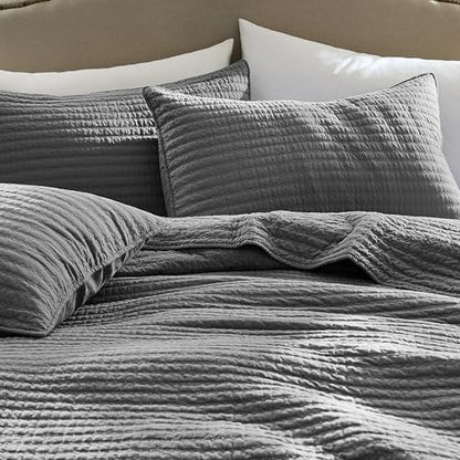 WDCOZY 100% Cotton Queen Size Quilt Set, Channel Pick Stitch, Grey