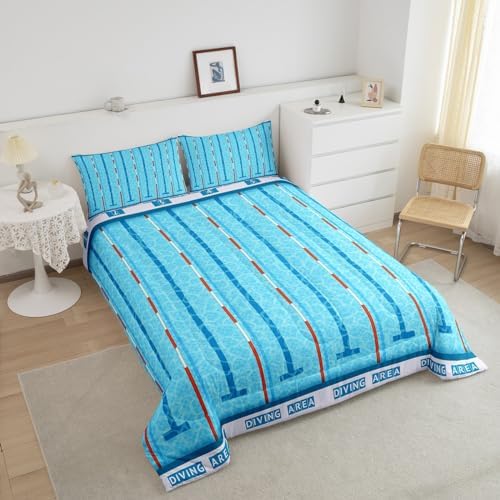 Manfei Swimming Kids Comforter Set Queen Size,Swim Sports Games Modern Fashion Bedding Set,Boys Girls Adults Room Decor,Swimming Pool Chic Down Comforter,Blue Unique Duvet Insert,2 Pillowcases