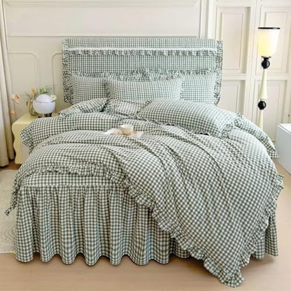 LifeTB Twin XL Comforter Set Green Gingham Comforter for Men Boys Ruffle Plaid Comforter Set Checkered Grid Bed Comforter with 2 Pillowcases Fluffy Soft Vintage Plaid Gingham Bedding Set Twin XL