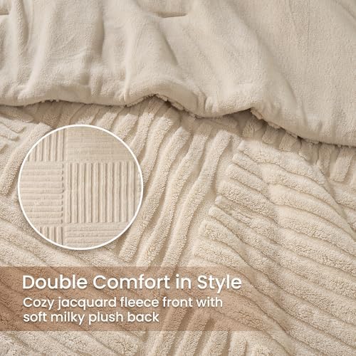 Plush Fleece Comforter Set with Stripe Jacquard Design, Creamy Beige, Queen