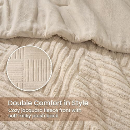 Plush Fleece Comforter Set with Stripe Jacquard Design, Creamy Beige, Queen
